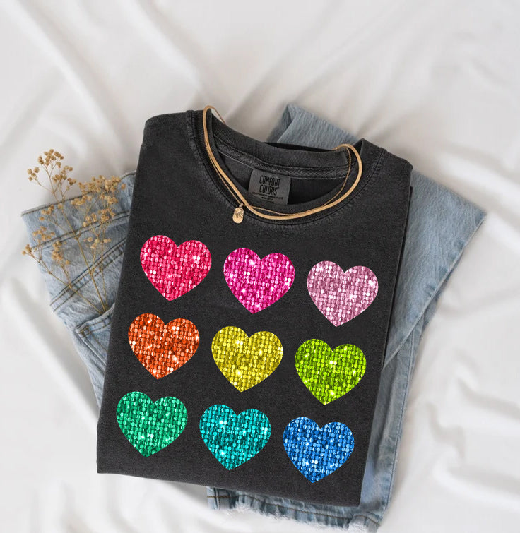 Faux Glitter Hearts Graphic Tee