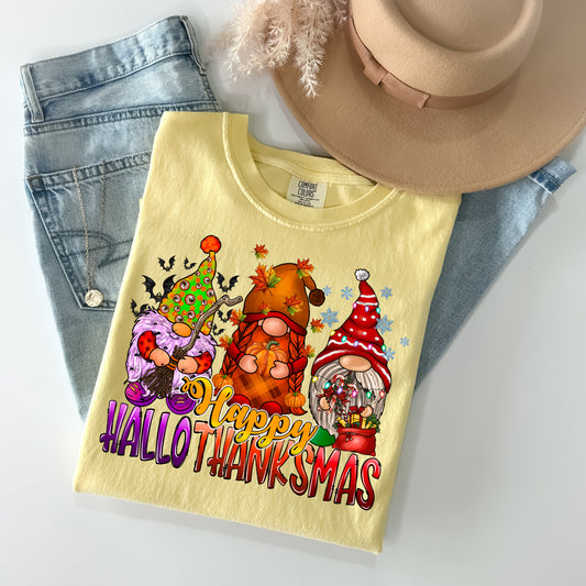 Happy HalloThanksMas Gnomes Graphic Tee