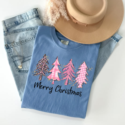 Merry Christmas Pink Trees Graphic Tee