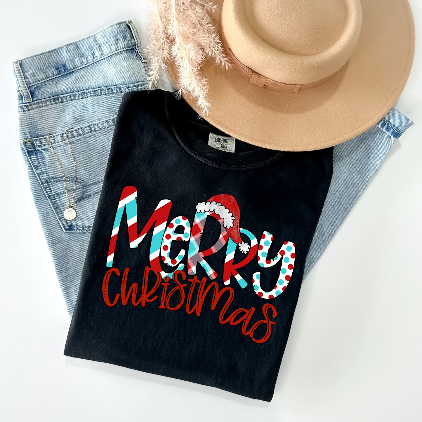 Merry Christmas Red and Teal Graphic Tee