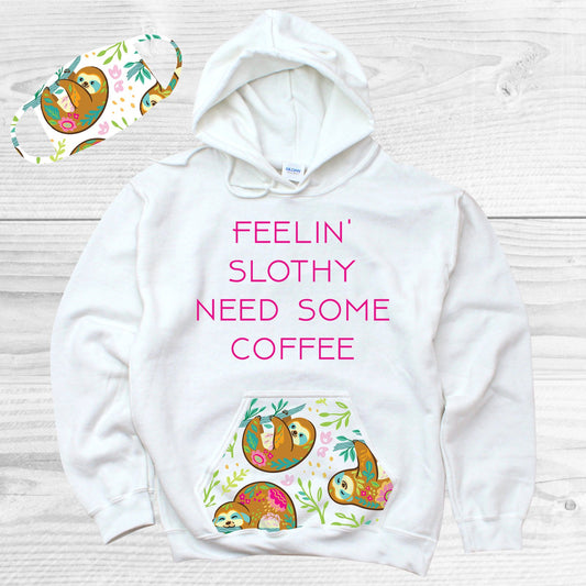 Feelin Slothy Need Some Coffee Pattern Pocket Hoodie Graphic Tee