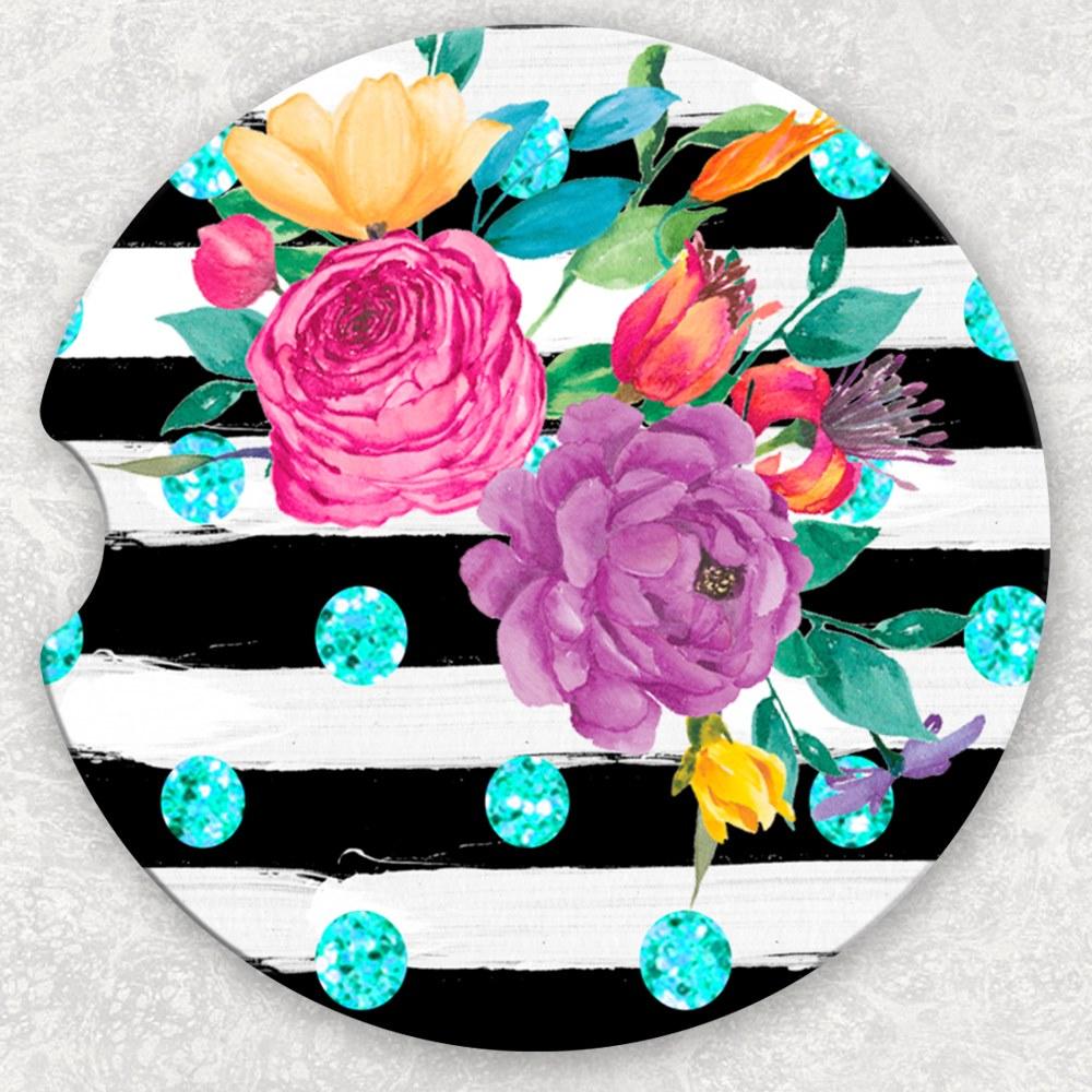 Car Coaster Set - Floral And Stripes