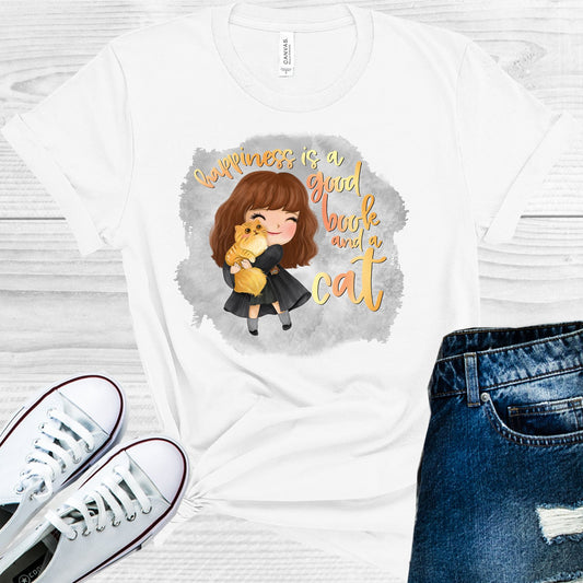 Happiness Is A Good Book And Cat Graphic Tee Graphic Tee