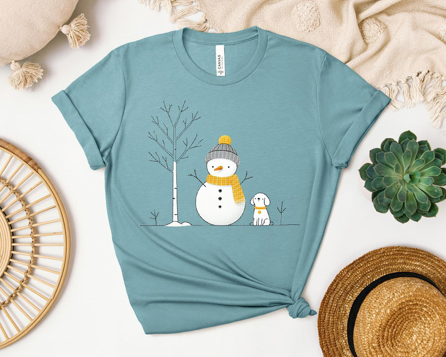 Winter Snowman and Dog Graphic Tee