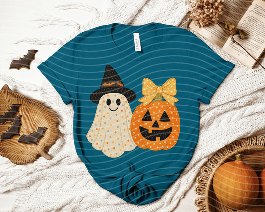 Faux Embroidered Ghost & Pumpkin Graphic Tee