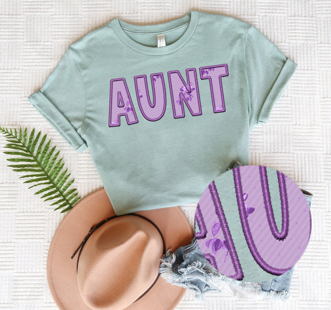 Purple Floral Aunt Faux Embroidery Graphic Tee