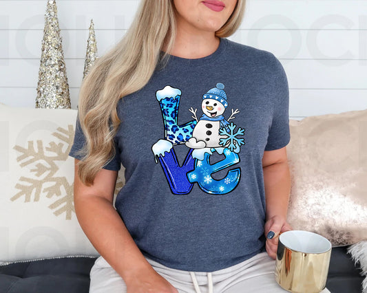 Blue Winter Snowman Love Graphic Tee
