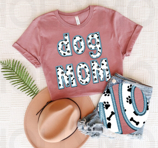 Paw Prints Dog Mom Faux Embroidery Graphic Tee