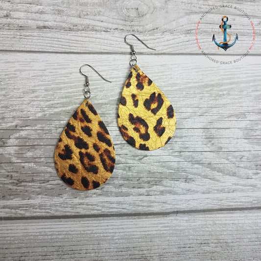 Metallic Gold Cheetah Print Leather Drop Earrings