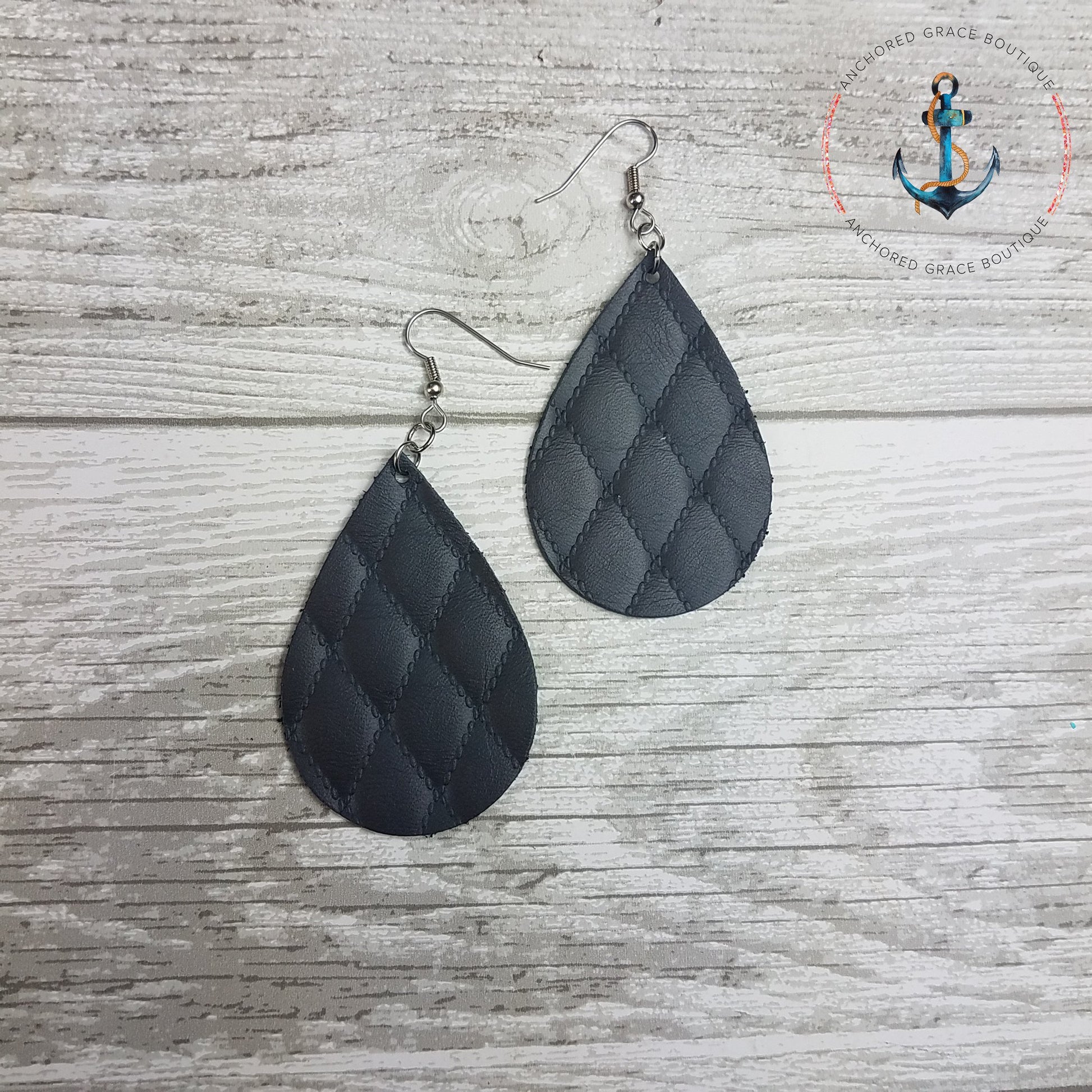 Quilted Charcoal Leather Drop Earrings