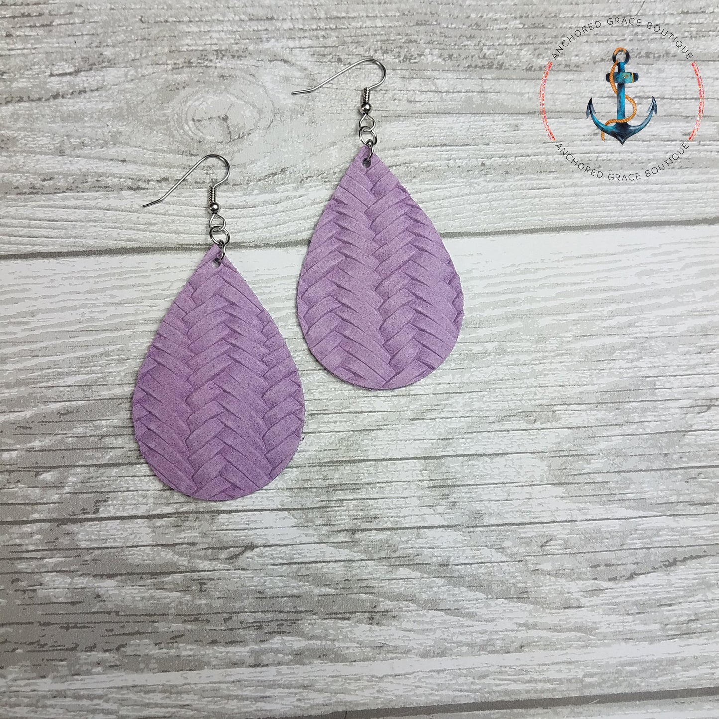 Lavender Fishtail Braid Leather Drop Earrings