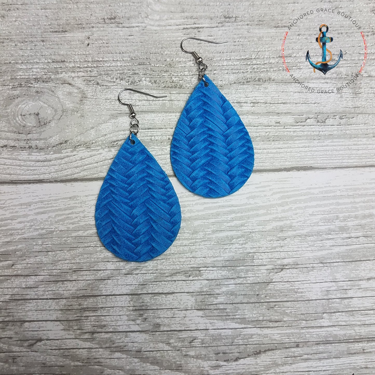 True Blue Fishtail Braid Leather Drop Earrings