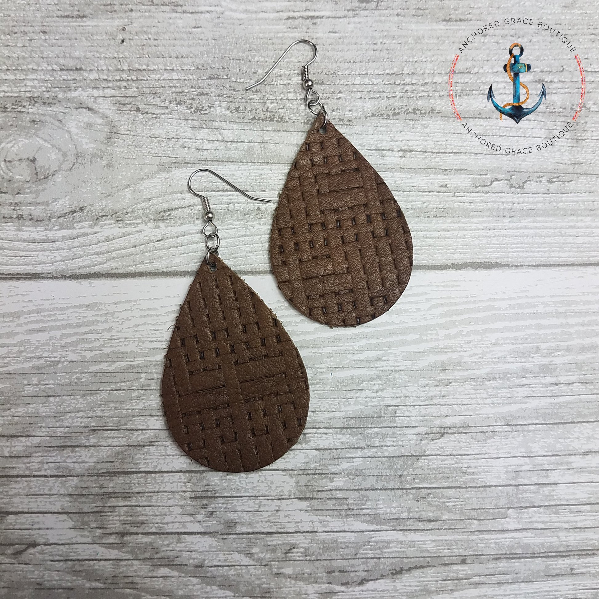 Brown Basketweave Leather Drop Earrings