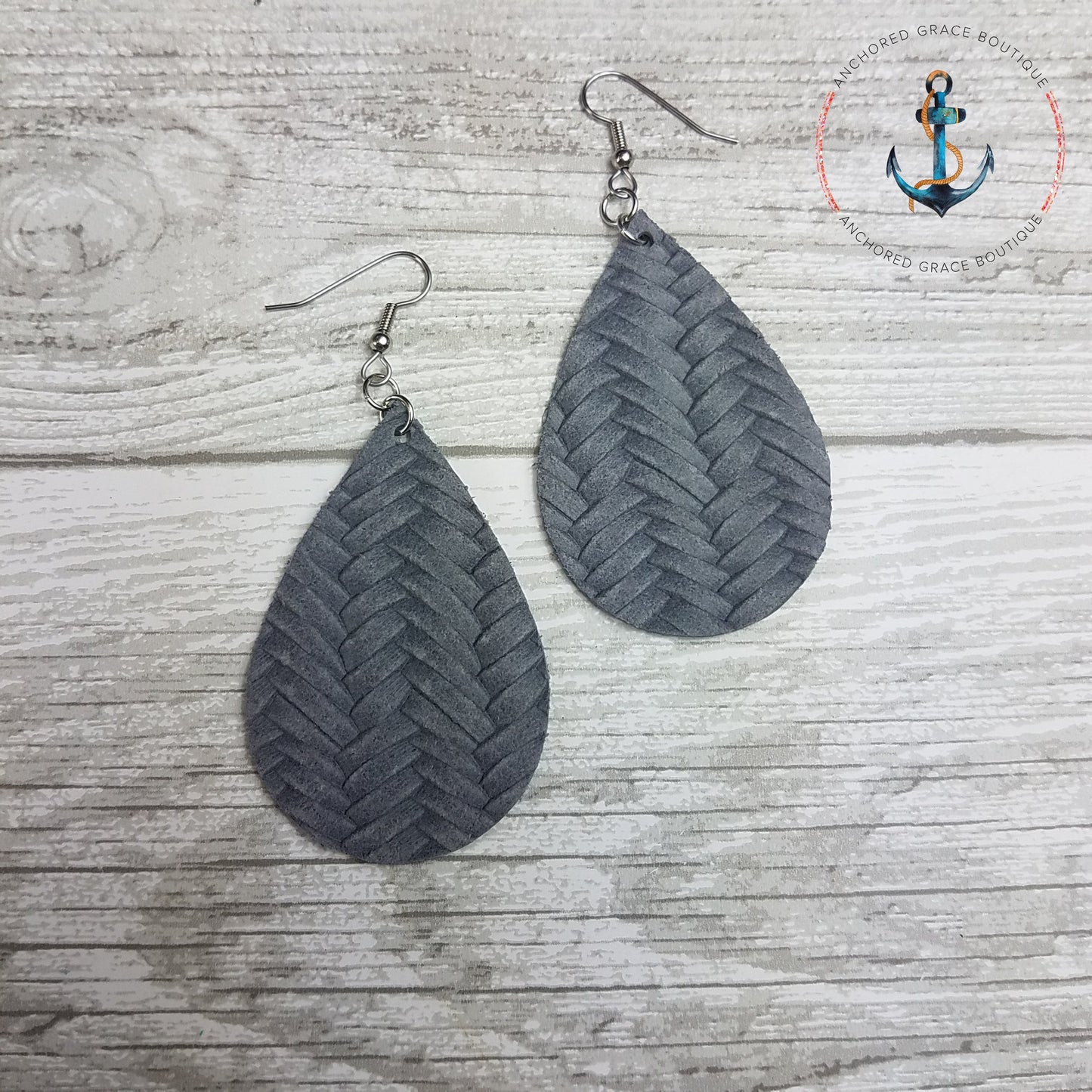 Charcoal Fishtail Braid Leather Drop Earrings