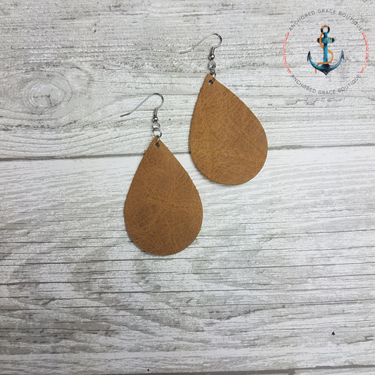 Distressed Camel Leather Drop Earrings