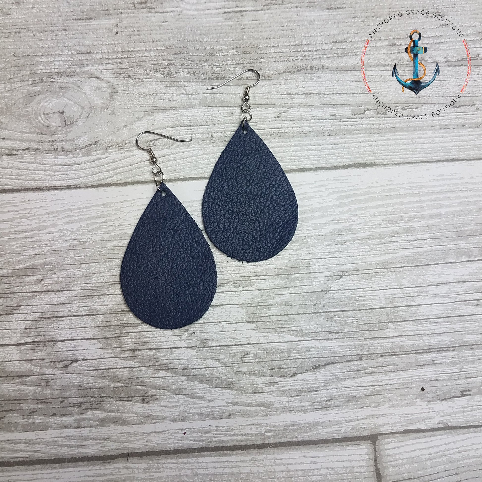 Navy Blue Leather Drop Earrings