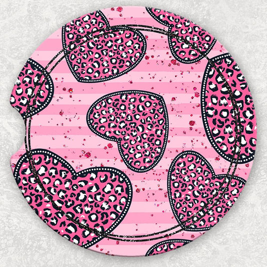 Car Coaster Set - Pink Leopard Hearts