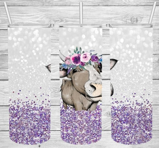 Purple Floral Cow 20 Oz Skinny Tumbler