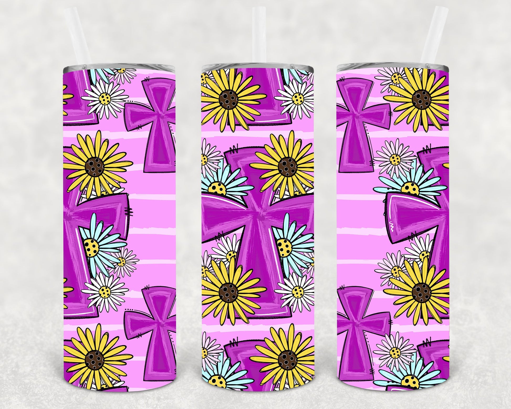 Purple Floral Cross 20 Oz Skinny Tumbler