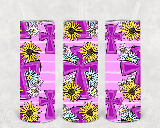 Purple Floral Cross 20 Oz Skinny Tumbler