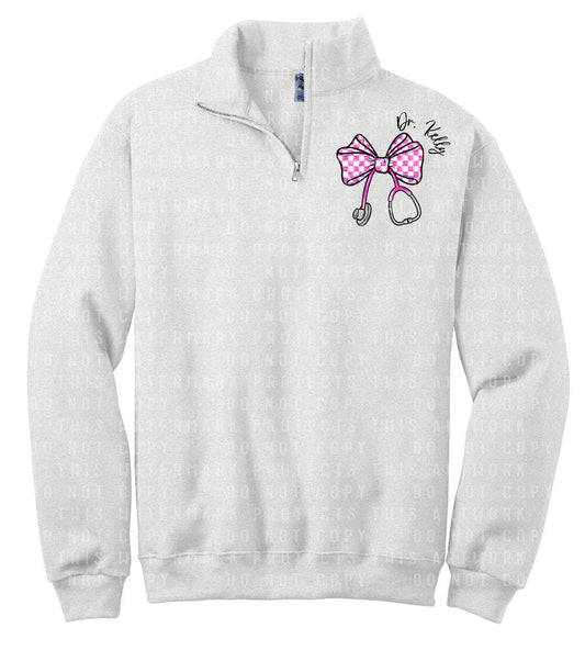 Pink Checkered Bow Stethoscope Quarter Zip