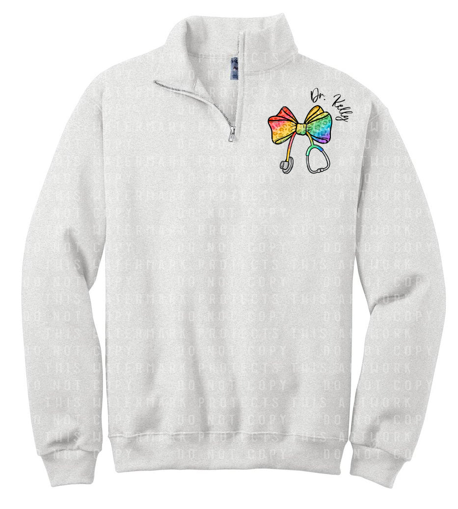 Rainbow Leopard Bow Stethoscope Quarter Zip
