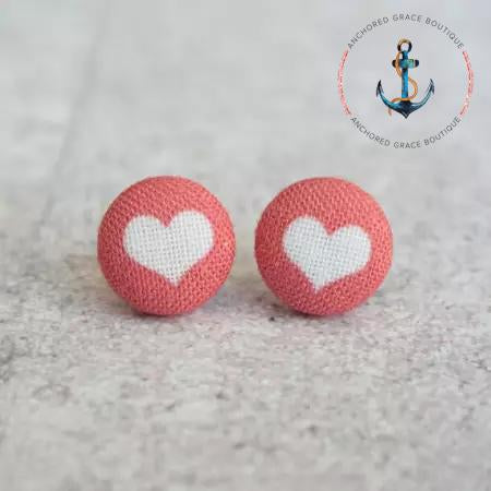 Red And White Heart Fabric Button Earrings
