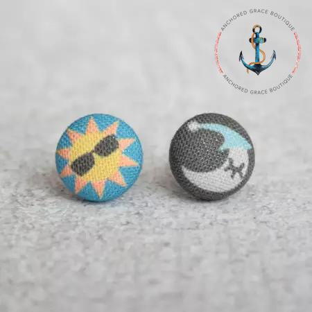 Sun And Moon Fabric Button Earrings