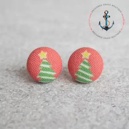 Christmas Tree Fabric Button Earrings
