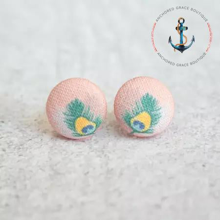 Peacock Feather Fabric Button Earrings