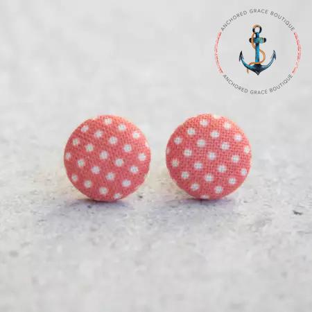 Red And White Polka Dot Fabric Button Earrings