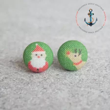 Santa And Rudolph Fabric Button Earrings