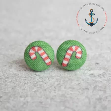 Candy Canes Fabric Button Earrings