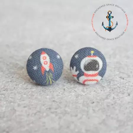 Spaceman Fabric Button Earrings