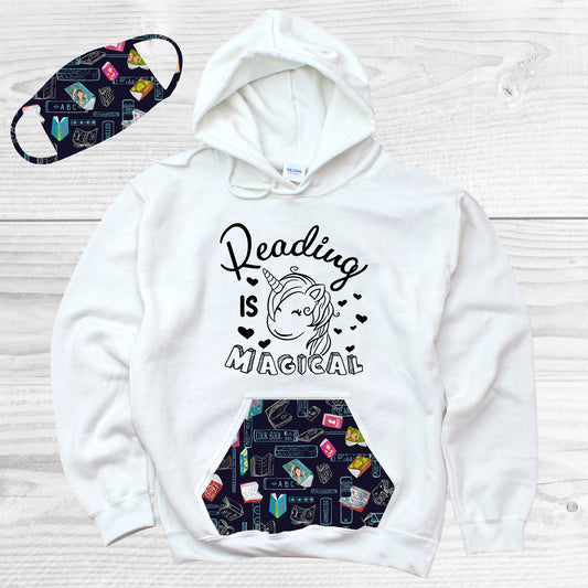 Reading Is Magical Pattern Pocket Hoodie Graphic Tee