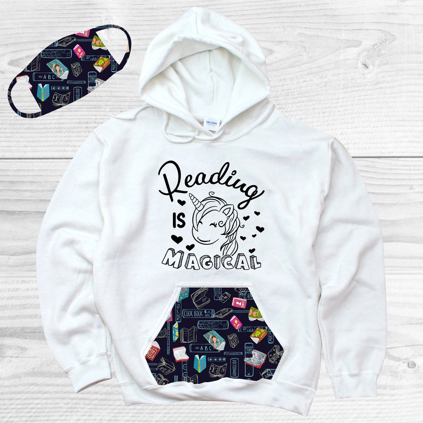Reading Is Magical Pattern Pocket Hoodie Graphic Tee