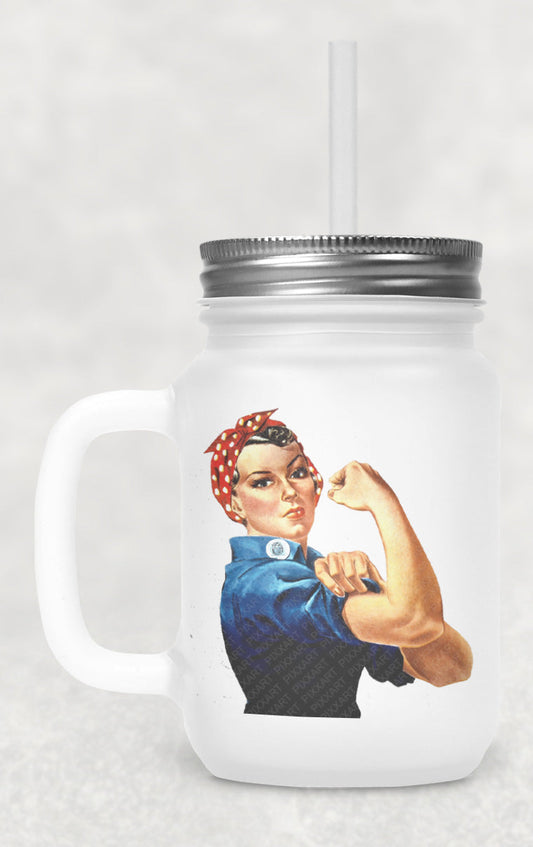 Rosie The Riveter Frosted Mason Jar