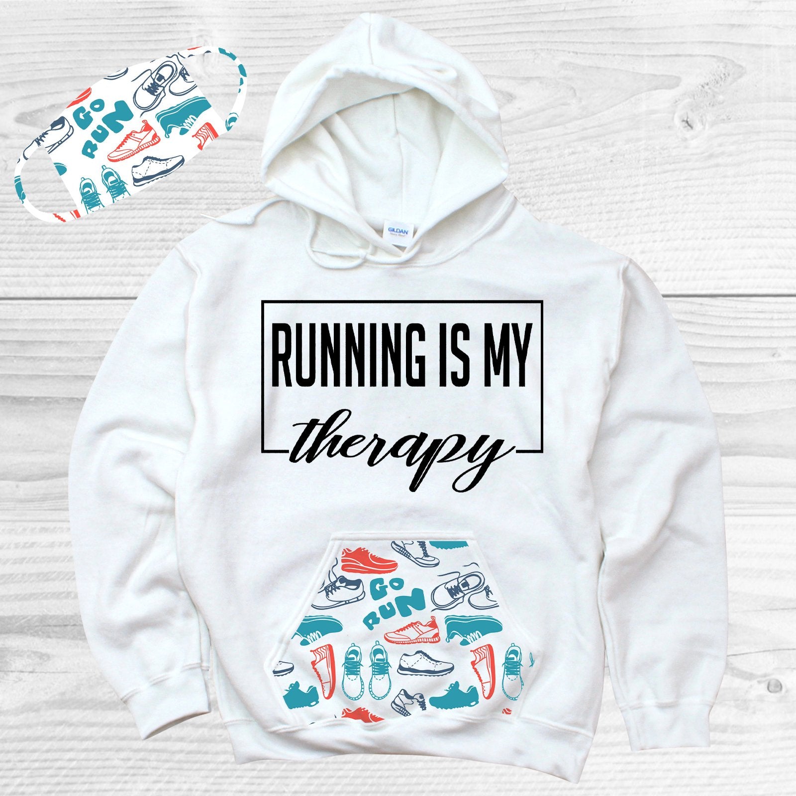 Running Is My Therapy Pattern Pocket Hoodie Graphic Tee