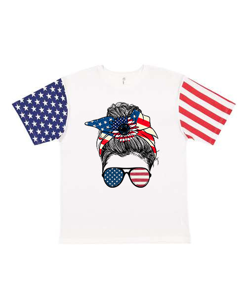 Patriotic Mom Bun Stars and Stripes Sleeved Graphic Tee