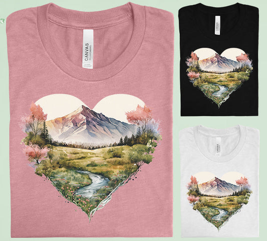 Mountains Stream Heart Graphic Tee Graphic Tee