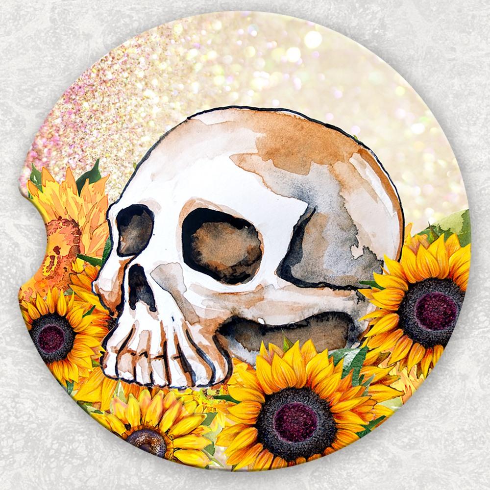 Car Coaster Set - Skull And Sunflowers