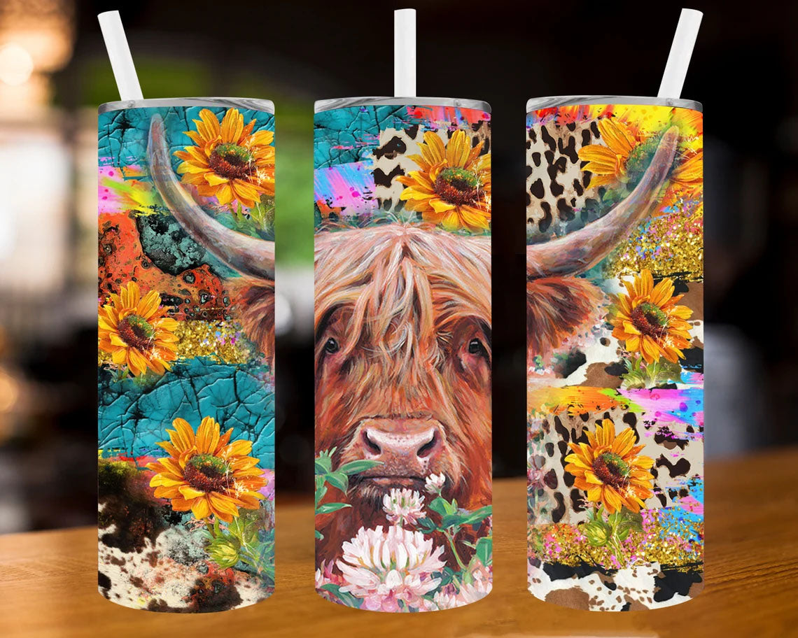 Sunflower Highland Cow 20 Oz Skinny Tumbler