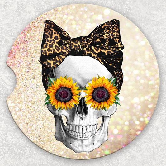 Car Coaster Set - Sunflower Leopard Skull