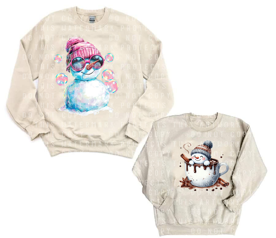 Bubble Snowman / Cocoa Snowman Double Printed Graphic Sweatshirt