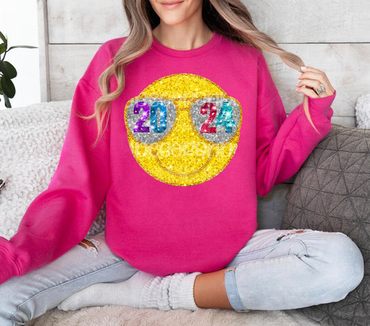 2024 Happy Face Faux Glitter Graphic Tee