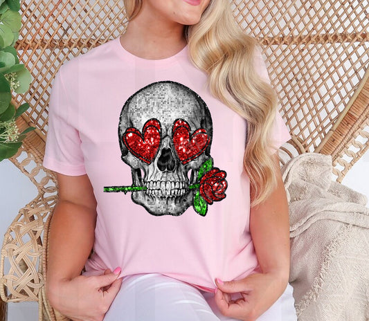 Faux Glitter Rose Skeleton Graphic Tee