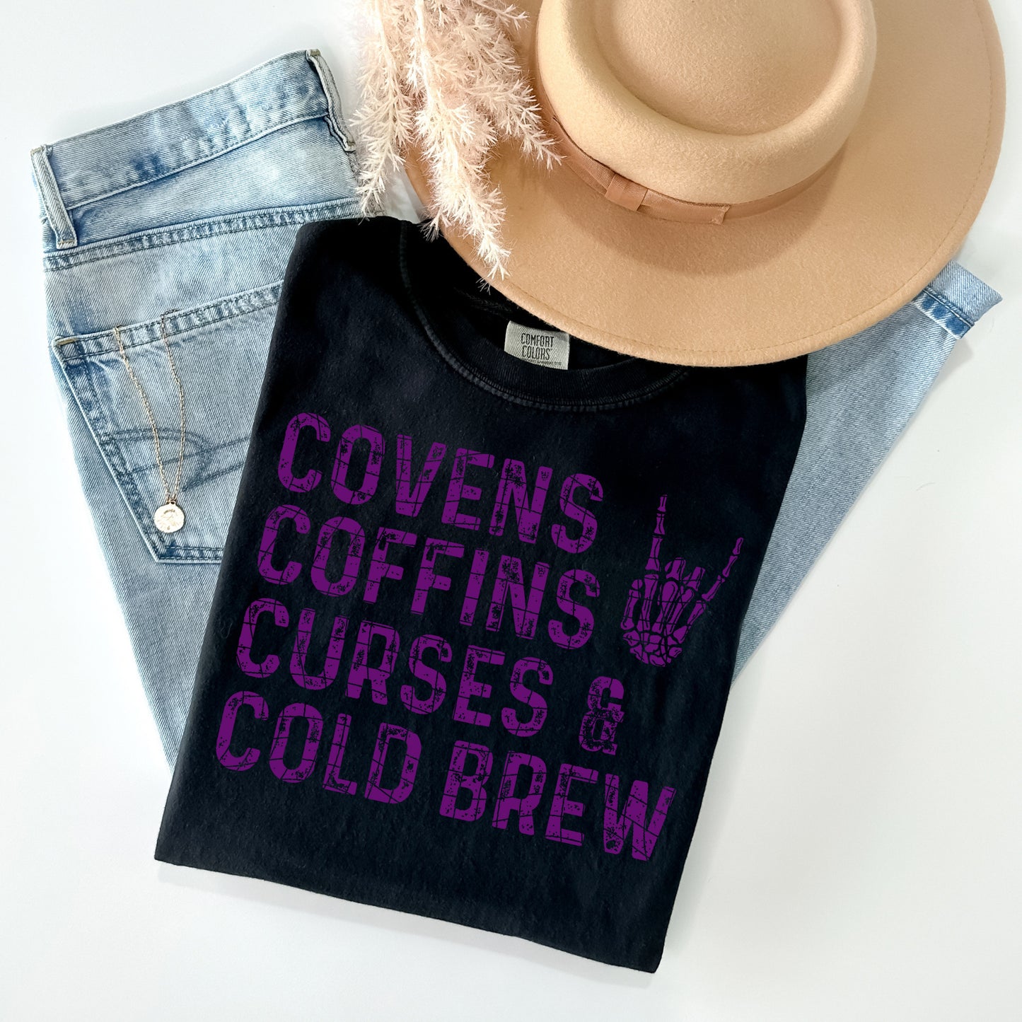 Covens Coffins Curses & Cold Brew Graphic Tee