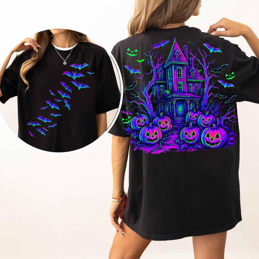 Neon Bats Haunted House Graphic Tee