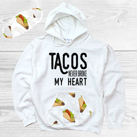 Tacos Never Broke My Heart Pattern Pocket Hoodie Graphic Tee
