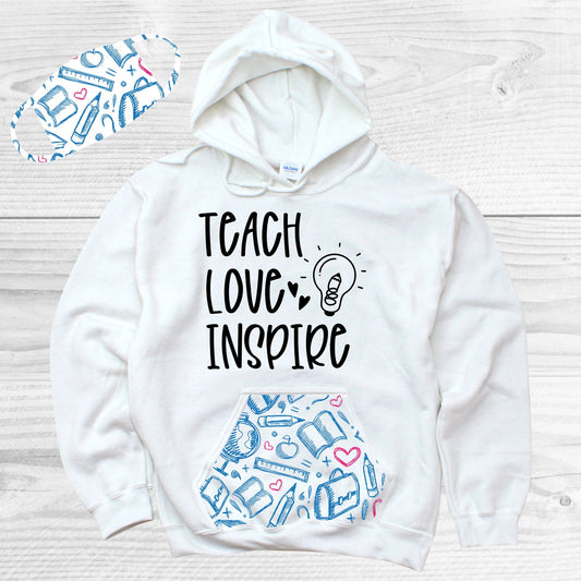 Teach Love Inspire Pattern Pocket Hoodie Graphic Tee